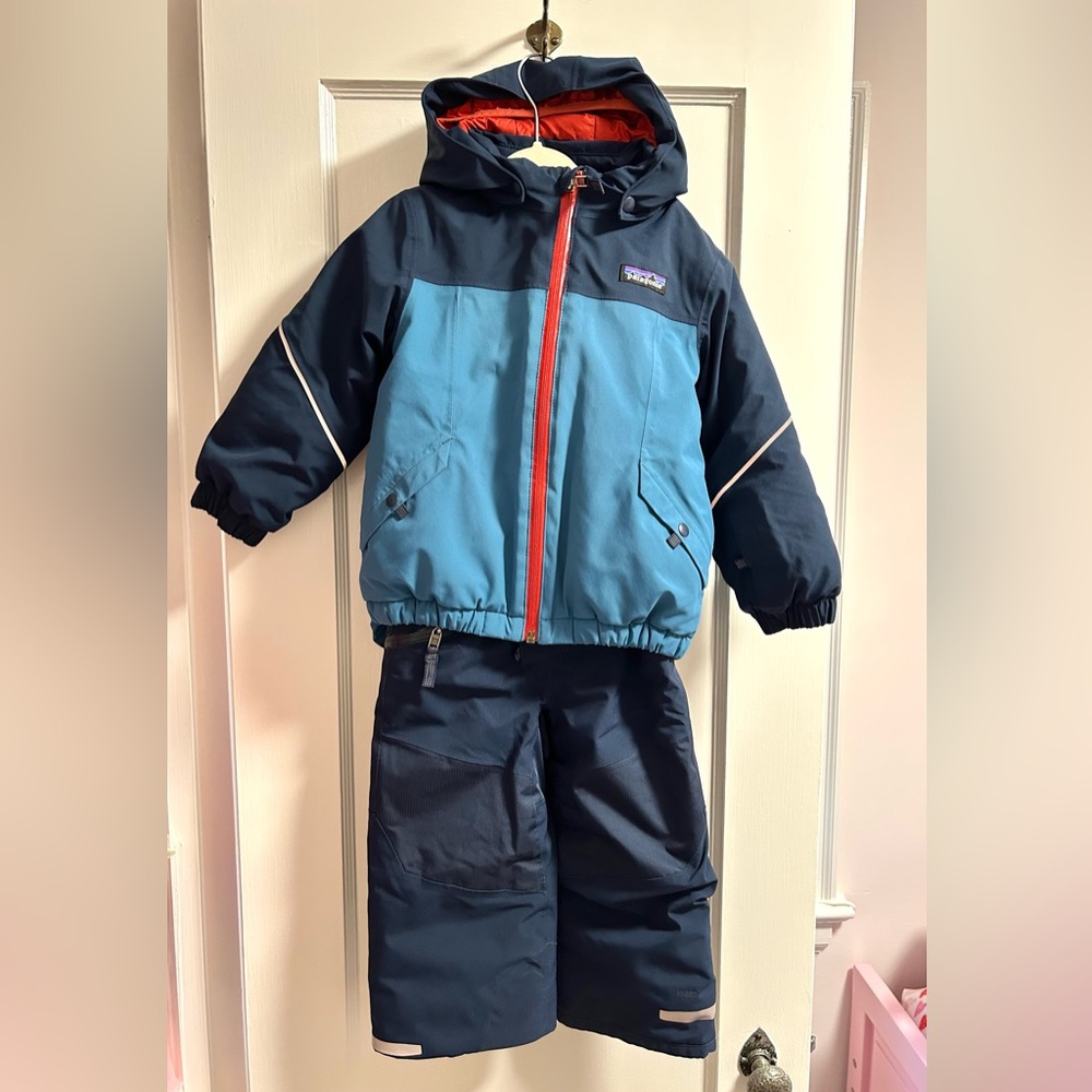 Patagonia Kids' Snow Pile Bib Red and Navy Snow Jacket & Pants